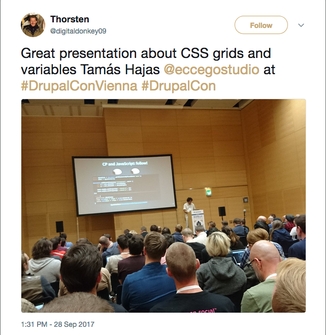 Elismerő tweet Hajas Tamás DCVie2017 előadásáról